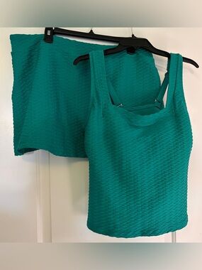 Lands End Textured Teal Tankini and Skirt Bathing suit top and bottom 18 /XL